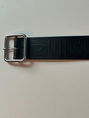 Diesel Black Embossed Logo Leather Belt with Silver Buckle